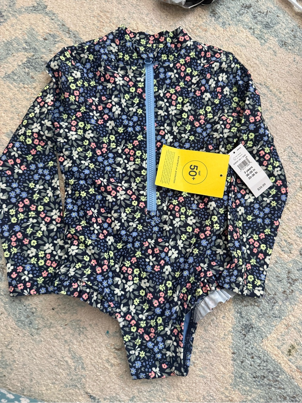 GAP Navy Floral Long-Sleeve Rashguard Swimsuit with Pink, Blue & Lime Flowers